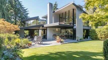 Modern Home with Expansive Windows and Lush Greenery