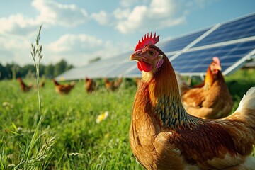Fototapeta premium A close-up of a brown hen looking at the camera with solar panels in the background.