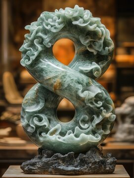 Elegant Jade Sculpture in the Shape of Number Eight with Intricate Carvings on Display in Art Gallery Setting