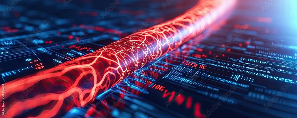 Poster futuristic digital background with intertwined data streams and vibrant light effects.