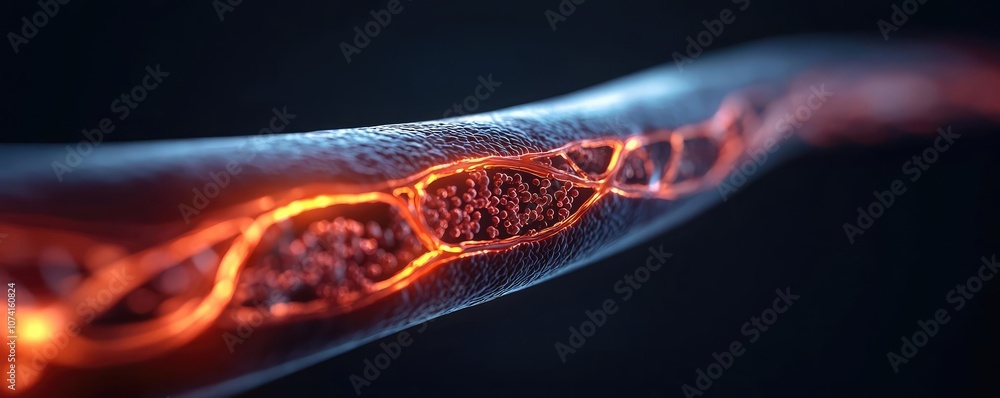 Poster abstract representation of glowing biological structure on dark background.