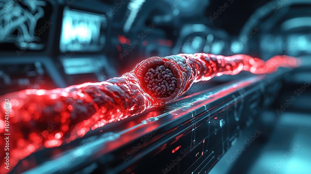 Poster microscopic view of a glowing red bacteria in a futuristic lab environment.
