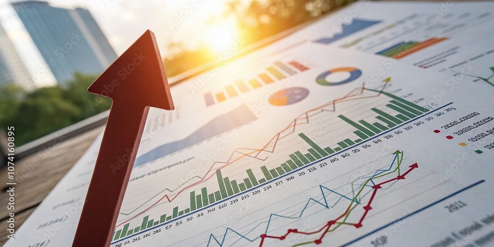Poster targeting growth arrow pointing towards success in a dynamic business environment with visual elemen