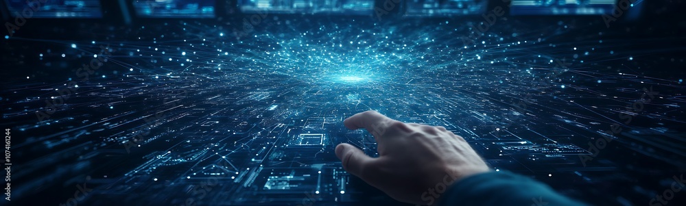 Poster a futuristic hand reaches towards a luminous, starry digital landscape, symbolizing connection and e