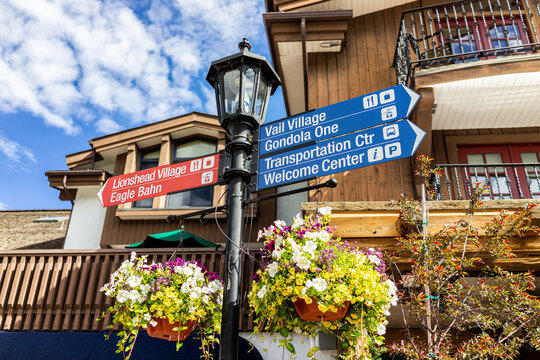Vail, Colorado ski resort directional sign in rocky mountains for welcome and transportation center in village