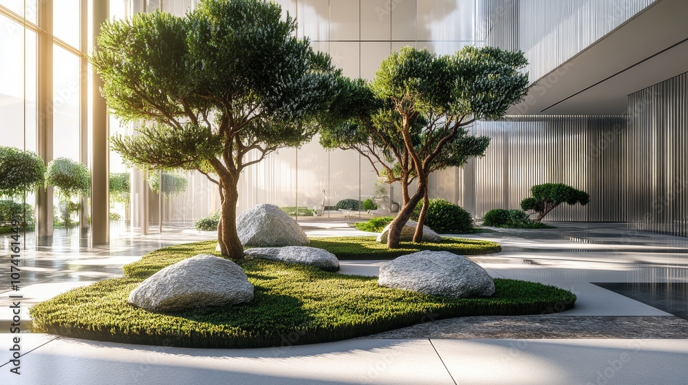 Poster common spaces in a modern residential building featuring creatively shaped trees