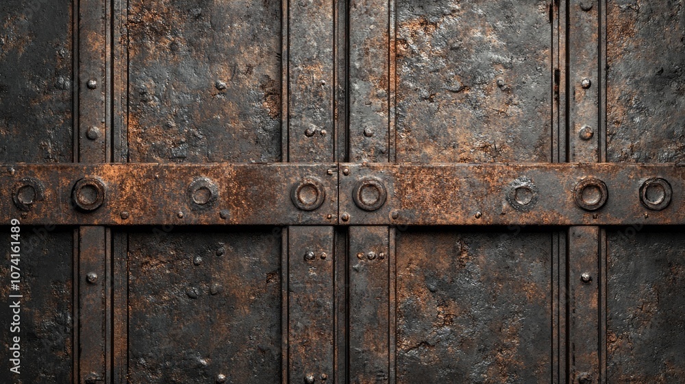 Poster close up of a weathered metal door with a rusty texture featuring a dark vignette for added depth