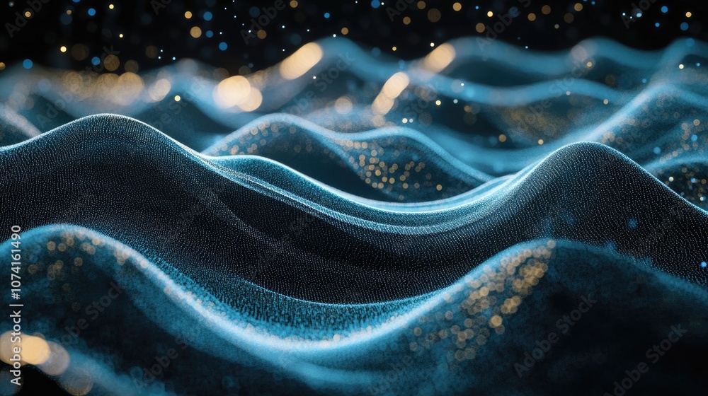 Poster abstract illustration of a flowing dynamic wave structure with blue particles on a digital backgroun