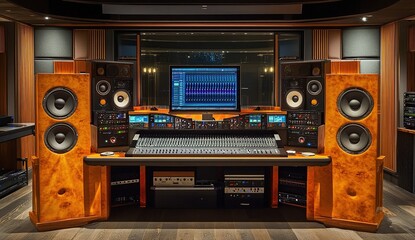Fototapeta premium A professional recording studio with a large mixing console and speakers.
