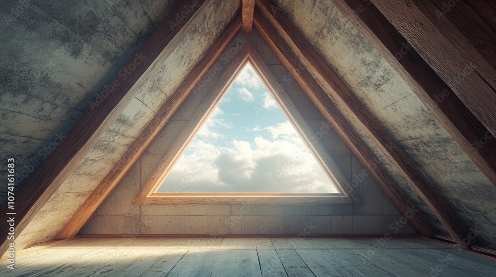 Poster triangular skylight in an attic of a rustic log house under construction with a backdrop of a cloudy