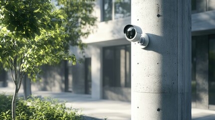 Multi angle 360 degree CCTV camera system mounted on a pillar designed for outdoor common areas and public buildings to enhance security Background clipping path included