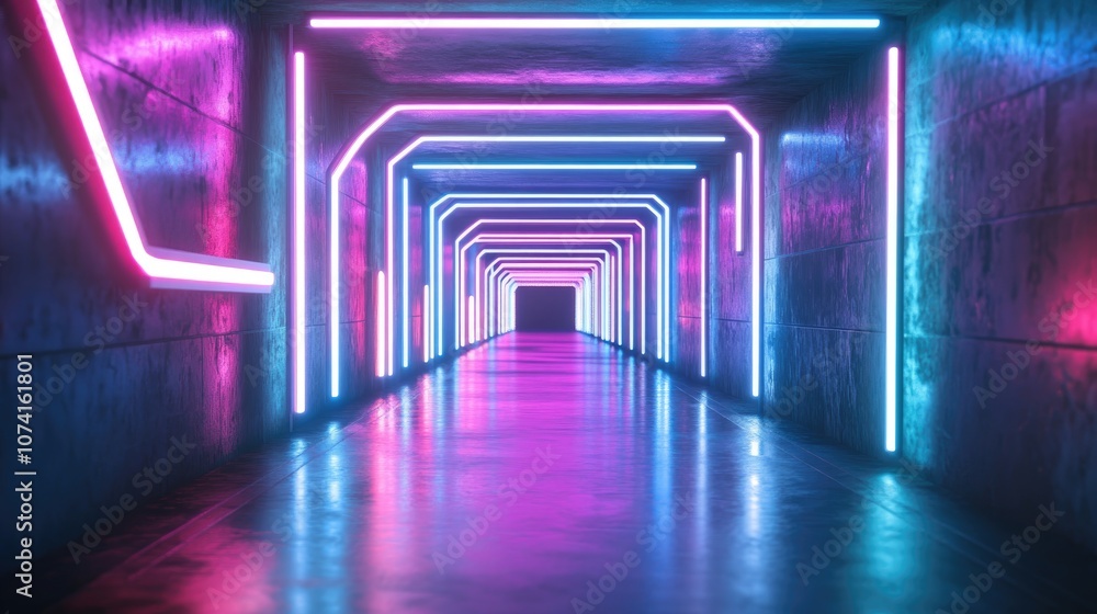 Aufkleber rectangular neon light frame with a glowing geometric outline in a tunnel corridor creating an abstr