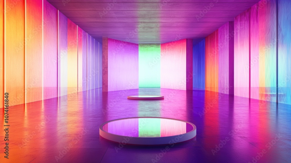 Poster abstract led light casting illumination in a space with a reflective floor mirror showcasing a conce