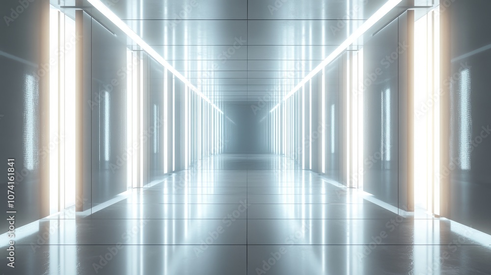 Poster abstract led light casting illumination in a space with a reflective floor mirror showcasing a conce
