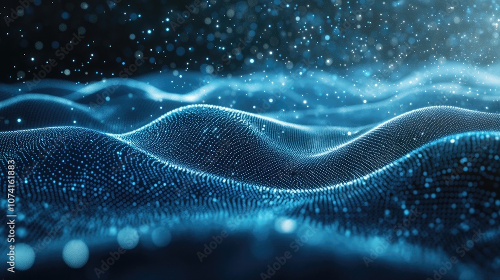 Poster abstract background featuring a grid of interwoven lines and dots showcasing a futuristic blue parti