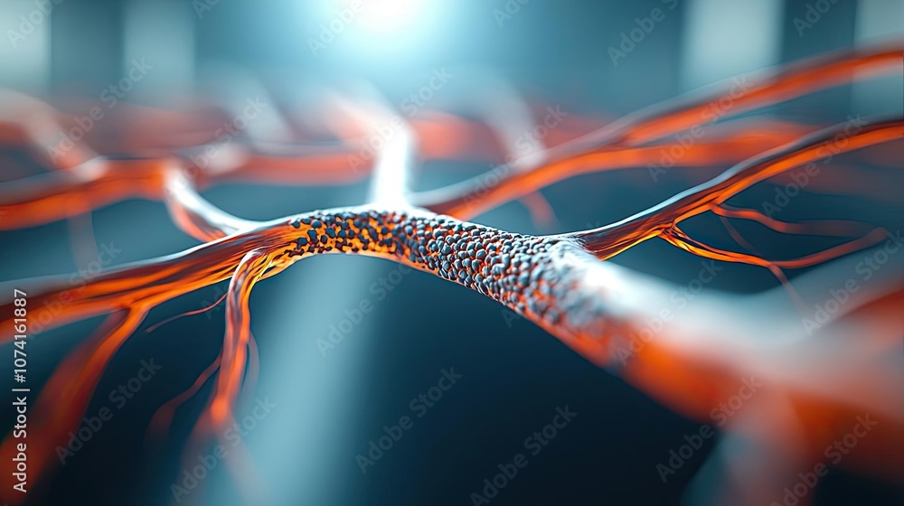 Poster abstract representation of neural network with glowing red connections on dark background.