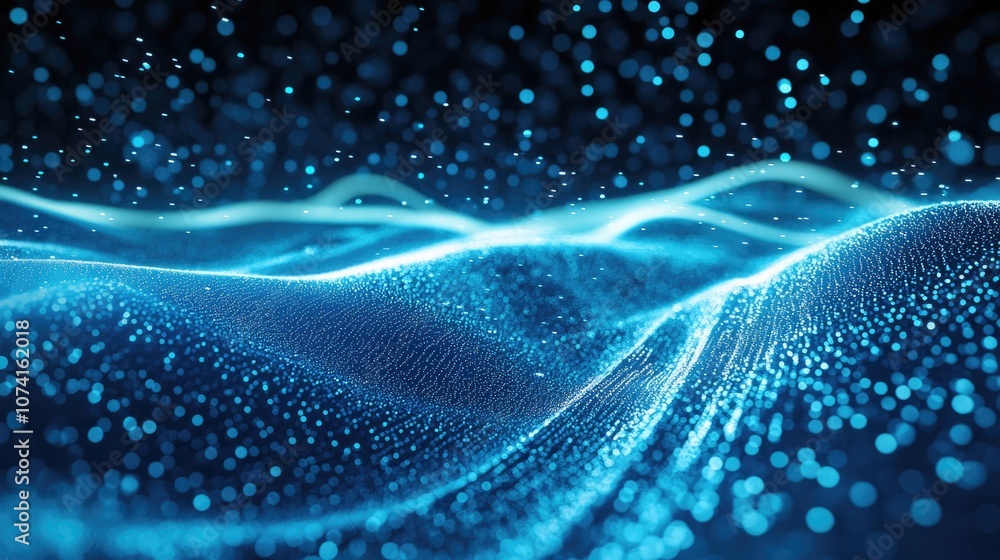 Poster futuristic flight through an abstract digital landscape with blue dust particles showcasing a 3d ren