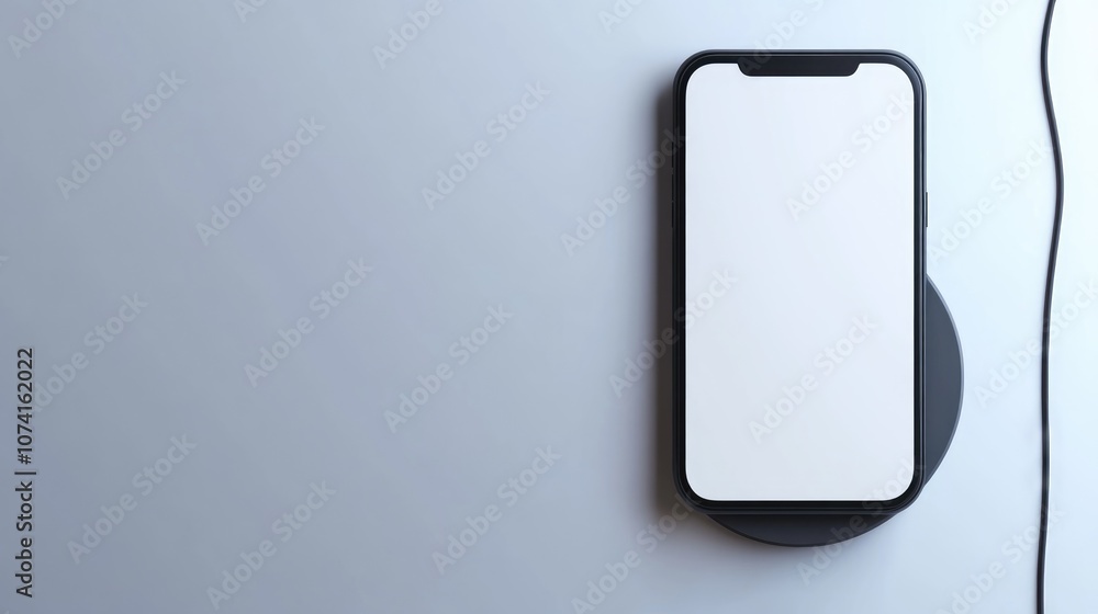 Poster smartphone on wireless charger with a blank screen against a white background featuring a clipping p
