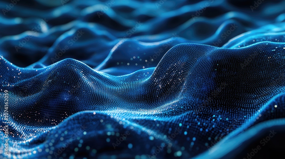 Poster dynamic blue particle wave abstract sound visualization fluid digital structure mesh landscape or gr