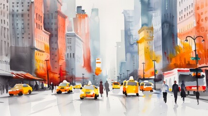 Urban Watercolor Cityscape in Vibrant Hues