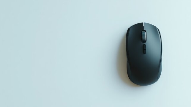Black wireless computer mouse against a white backdrop