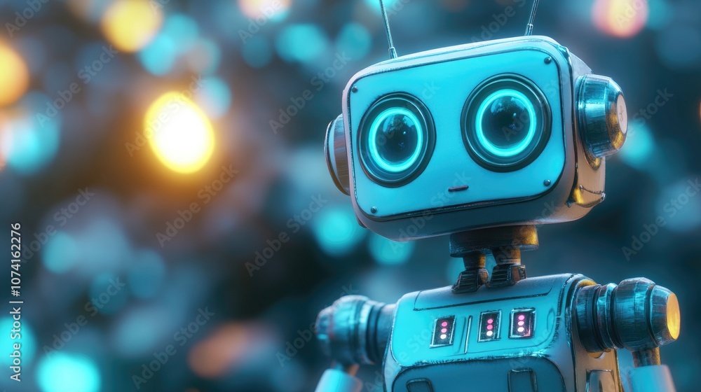 Poster playful 3d animated depiction of a robot in a whimsical style