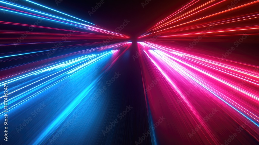 Poster 3d rendering of flashing neon lights illuminating a dark scene with dynamic lines creating a sense o