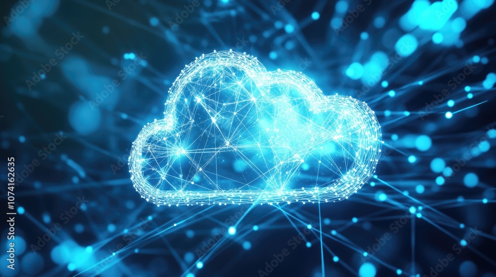 Poster concept of cloud computing illustrated by a white cloud symbol connected to a cable network set agai