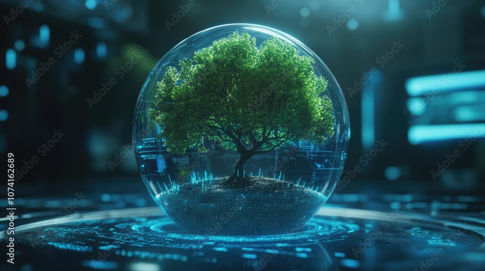 Poster tree flourishing on a crystal globe symbolizing digital and technological integration set against a 