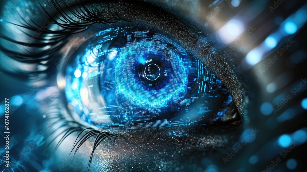 Poster futuristic technology with a digital circuit and blue cyber eye design showcasing security concepts 