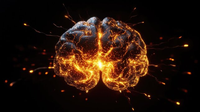 Front view illustration of a brain depicting concepts of brain power and neurology enhanced with dynamic lightning effects