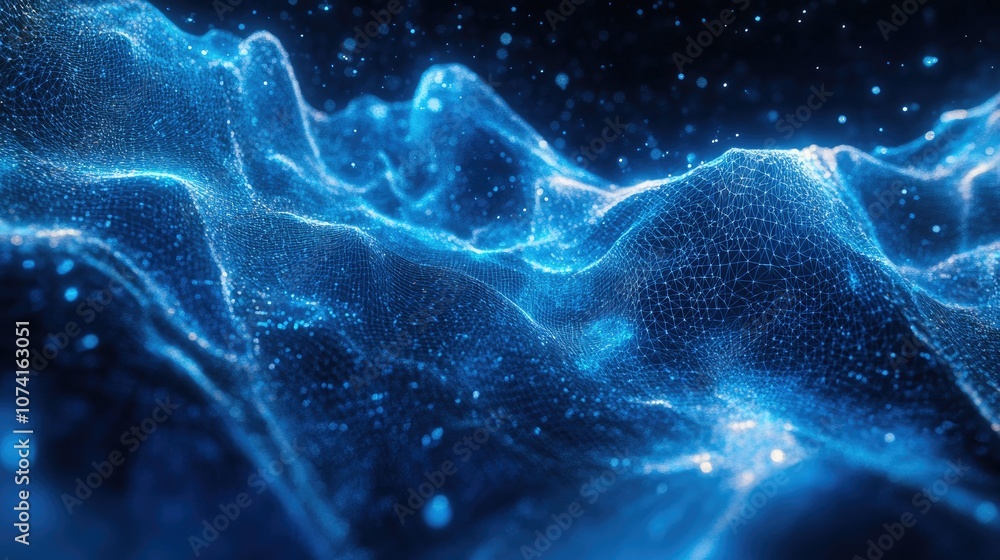 Poster dynamic blue particle wave abstract sound visualization fluid digital structure mesh landscape or gr