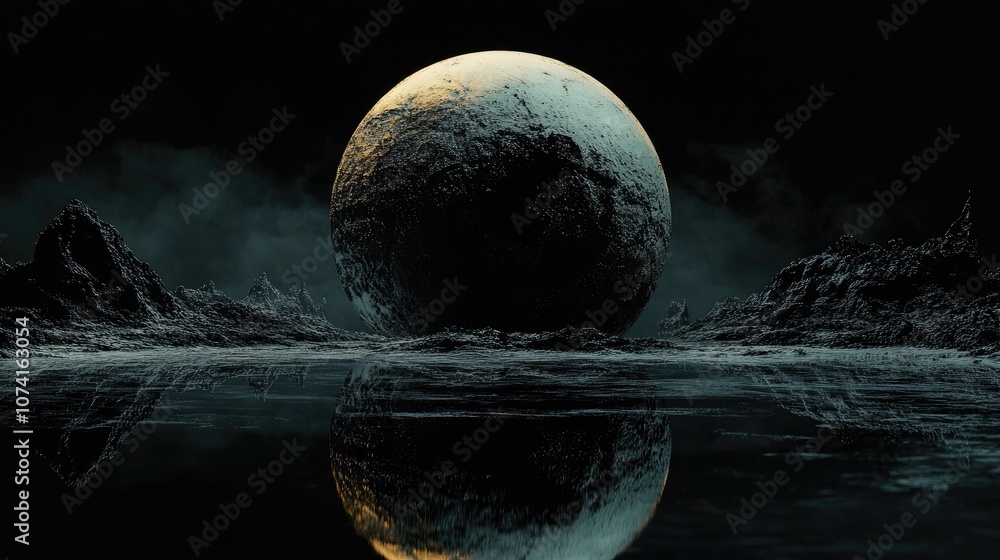 Poster abstract planet reflected on a dark background created using computer generated fractal imagery