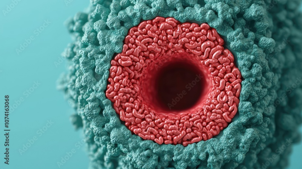 Poster microscopic view of a cell with intricate details in red and turquoise.