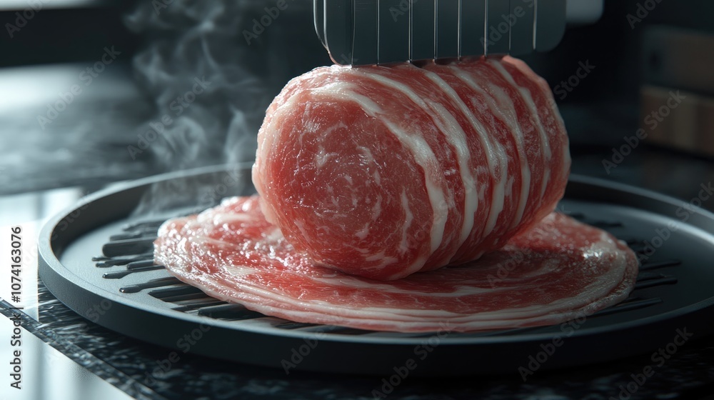 Poster Pork wrapped into a ball is sliced into round discs using a meat slicer perfect for serving with sukiyaki or shabu