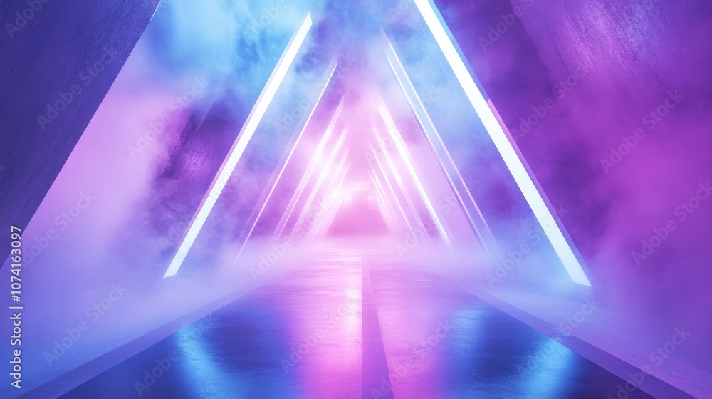 Poster triangular steam and fog with a glowing alien spaceship in a sci fi futuristic room featuring illumi