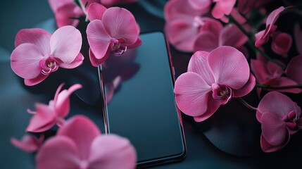 Smartphone featuring a pink orchid against a dark backdrop