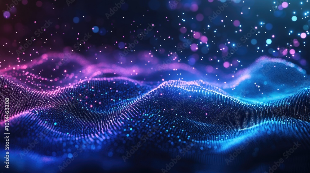 Poster abstract low poly technology and science composition featuring a dark blue and purple background wit