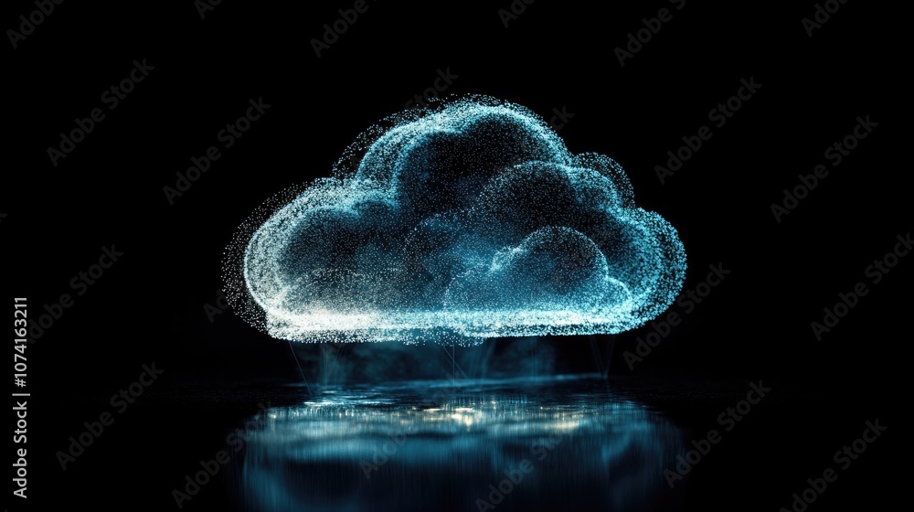 Poster dotted line illustration merging cloud shape with futuristic elements representing concepts of cloud