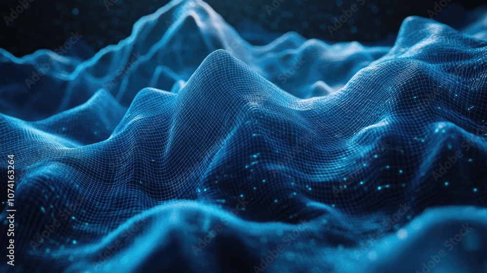 Poster dynamic blue particle wave abstract sound visualization fluid digital structure mesh landscape or gr