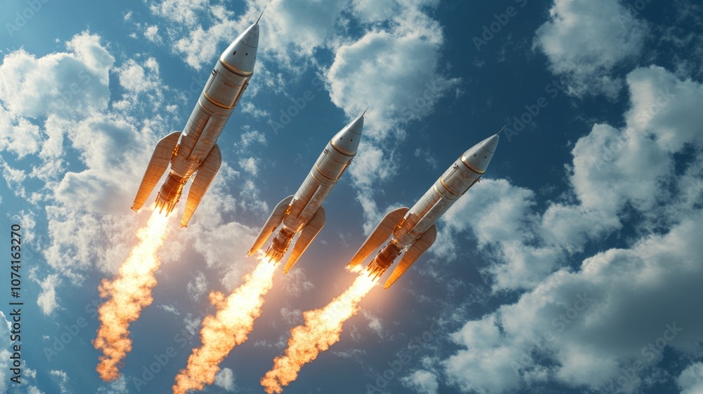 Aufkleber 3d rendering of three rockets on a collision course racing through the sky