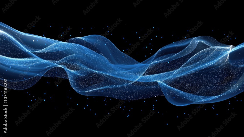Poster abstract illustration of a flowing dynamic wave structure with blue particles on a digital backgroun