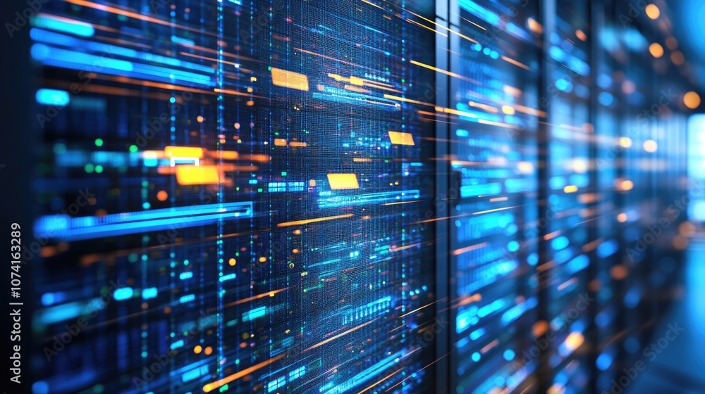 Poster 3d render of server racks in a data center focused on computer network security characterized by a d