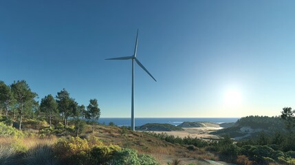 A solitary wind turbine rises against a clear blue sky offering a distant view of the coastline and a forested area representing the balance between technology and nature