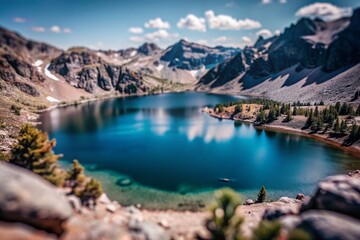 Fototapeta premium Tilt-Shift Photography of Winnemucca Lake Surrounded by Majestic Mountains and Lush Greenery, Capturing the Serene Beauty and Tranquility of Nature in a Miniature Effect