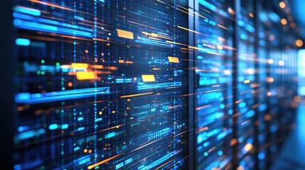 3D render of server racks in a data center focused on computer network security characterized by a dark blue ambiance