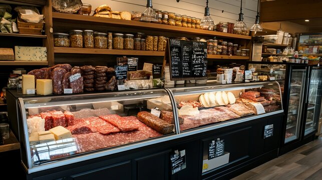 A well-stocked deli counter with fresh meats and cheeses. - Powered by Adobe