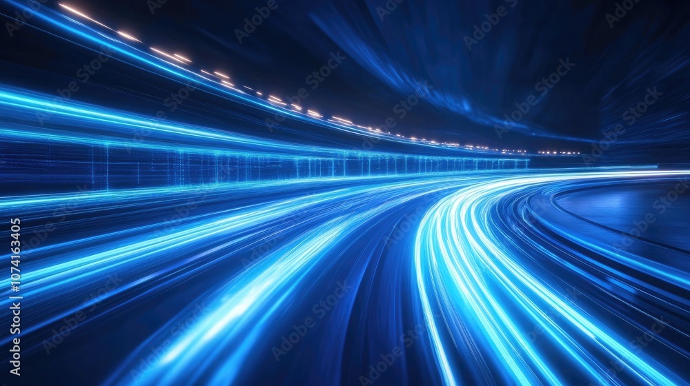 Poster dynamic blue light streaks representing high speed internet data with glowing lines on a captivating
