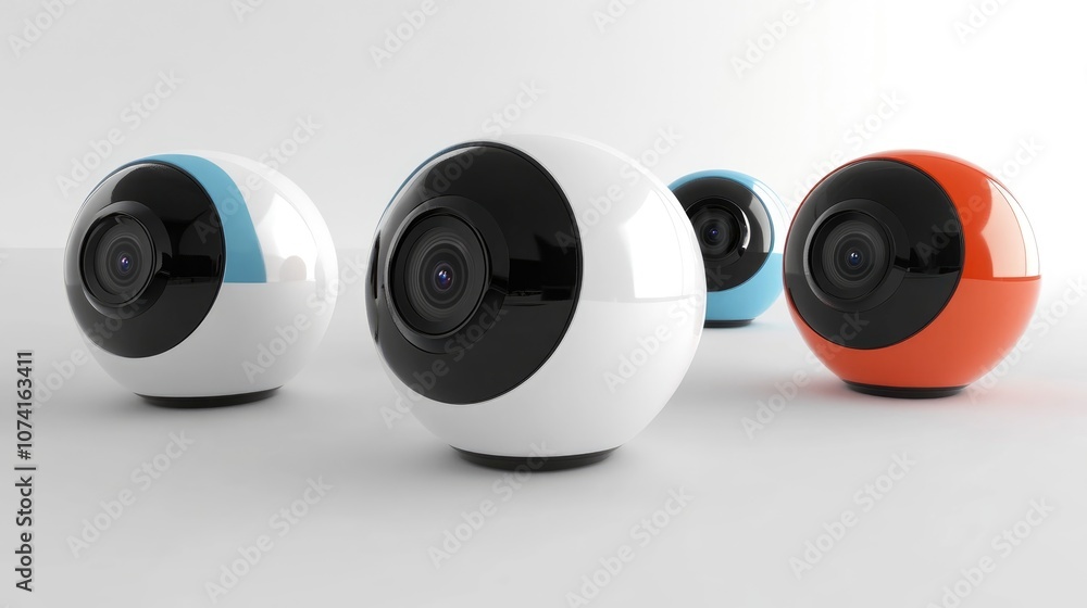 Poster round security cameras designed for ip monitoring on a white backdrop