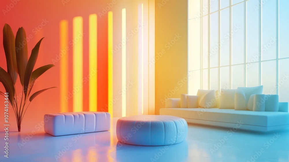 Poster dynamic interior featuring gradient colored objects in a 3d illustration and rendering
